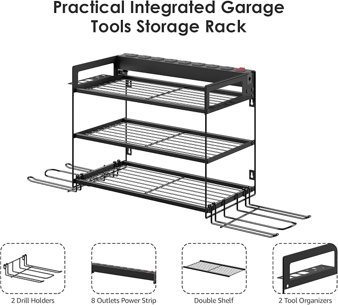 CCCEI Garage Tools Storage with Charging Station. Power Tool Battery Organizer Utility Shelf with Power Strip. 4 Drills Holder Wall Mount Rack, Black 3 Layer. - Image 4