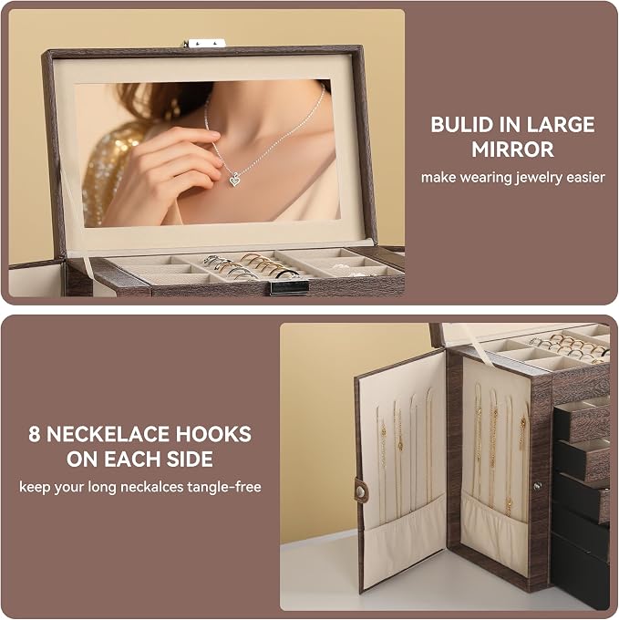 Frebeauty Large Jewelry Box,6-Tier PU Leather Jewelry Organizer,Multi-functional Storage Case with Mirror,Accessories Holder with 5 Drawers for Necklace Bracelets Watches(Tree Brown) - Image 5