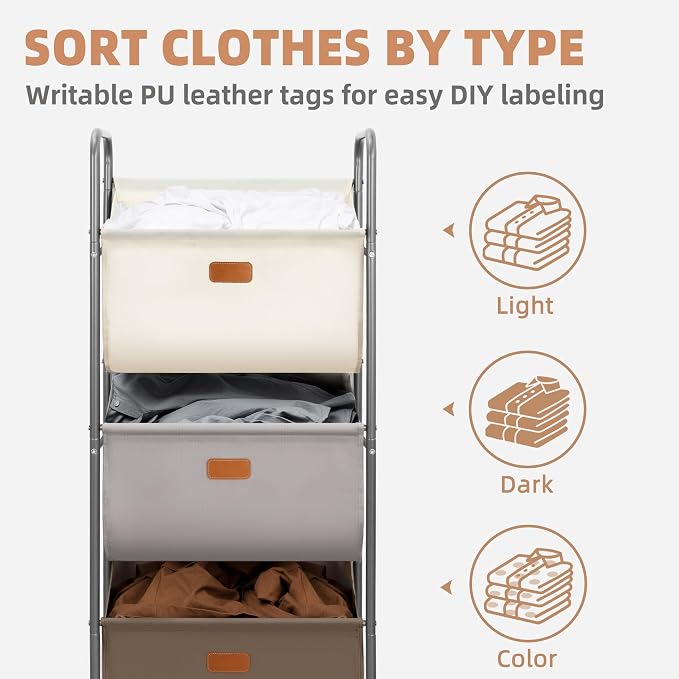 STORAGE MANIAC 120 Liters Vertical Rolling Laundry Hamper, 3 Section Laundry Sorter with Wheels and 2 Breaks, 3-tier Laundry Baskets for Small Space, Dorm, Laundry Room, Closet, Multicolored 3-tier - Image 3