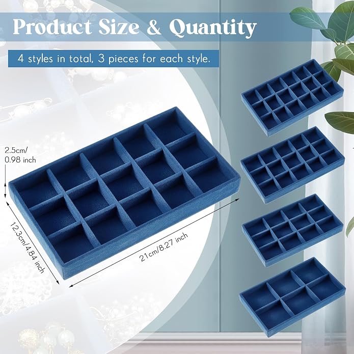 Junkin 12 Pcs Jewelry Tray Velvet Stackable Jewelry Organizer Trays Divided Earring Accessories Storage Containers Box (Rose Red) - Image 2