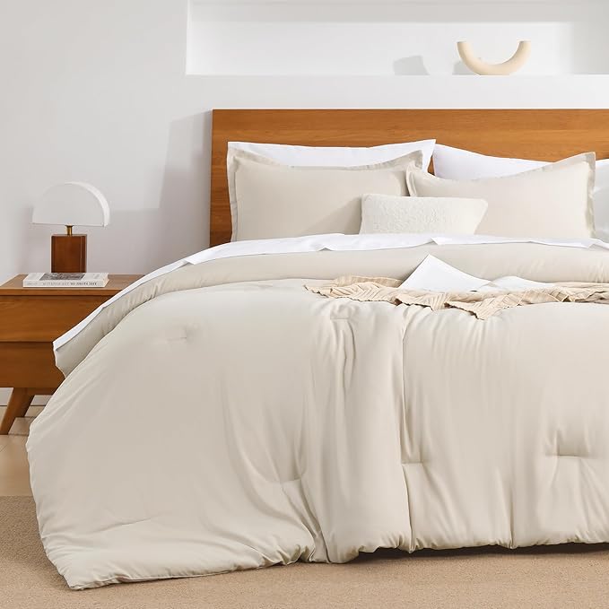 Andency Beige California King Comforter Set - 7 Pieces Cream Bed in a Bag Cal King Bedding Comforter Sets, Summer Solid Soft Lightweight Comforter with Fitted Sheets, Flat Sheets, Pillowcases & Shams