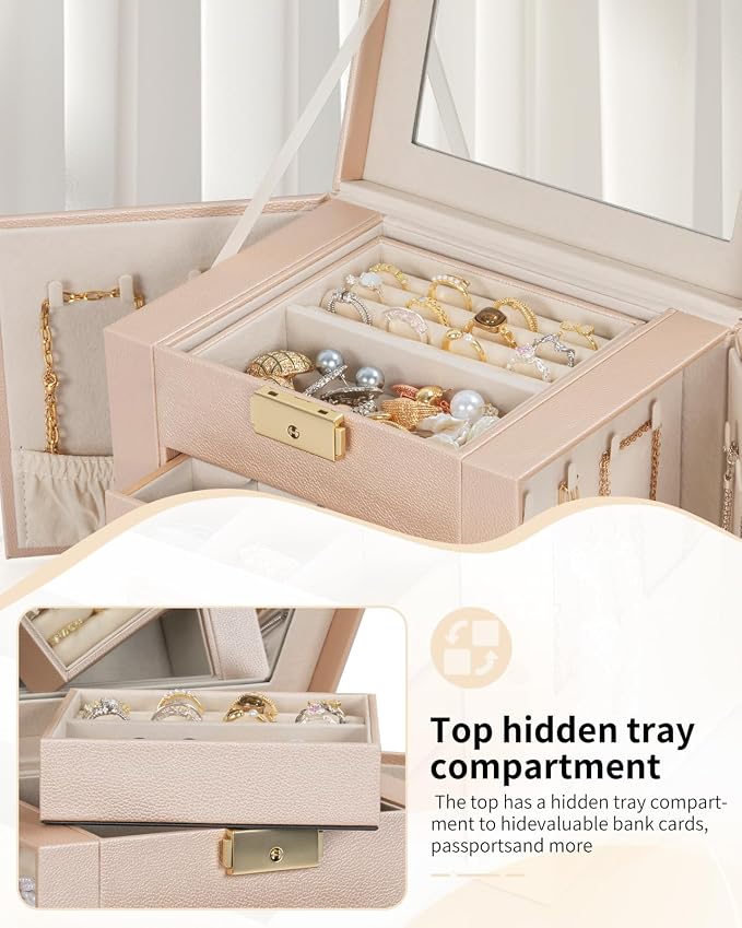 AKOZLIN 4-Tier Jewelry Box Leather Jewelry Storage Organizer with 3 Drawers Lockable for Women Girls Ring Necklace Earring Bracelet Holder with Mirror Champagne - Image 4