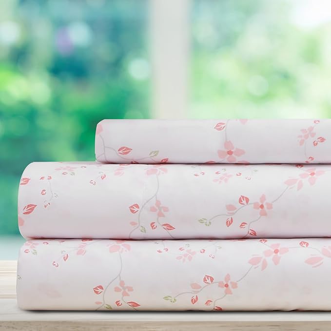 DREAMCARE Twin Sheets - 3 pcs Breathable Cooling Bed Sheets - up to 15" Deep Pocket Twin Bed Sheets with Side Pockets - Extra Soft 100% Brushed Hypoallergenic Hotel Luxury Bedding - Floral Blossom