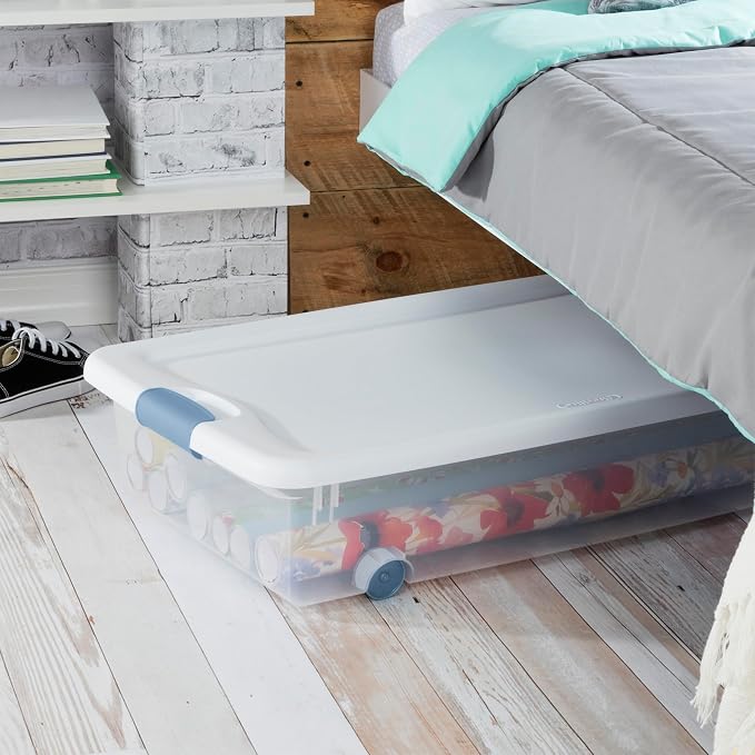 Sterilite 4-Pack 56 Quart Wheeled Latching Box, Underbed Clear Plastic Storage Organizer - Under Bed Rolling Container Bin with Lid and Wheels for Home or Dorm Bedrooms and Closets - Image 5