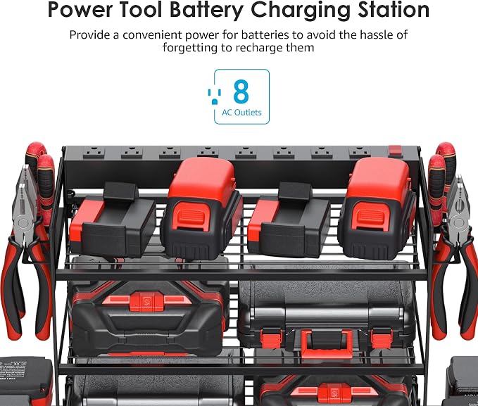 CCCEI Garage Tools Storage with Charging Station. Power Tool Battery Organizer Utility Shelf with Power Strip. 4 Drills Holder Wall Mount Rack, Black 3 Layer. - Image 2