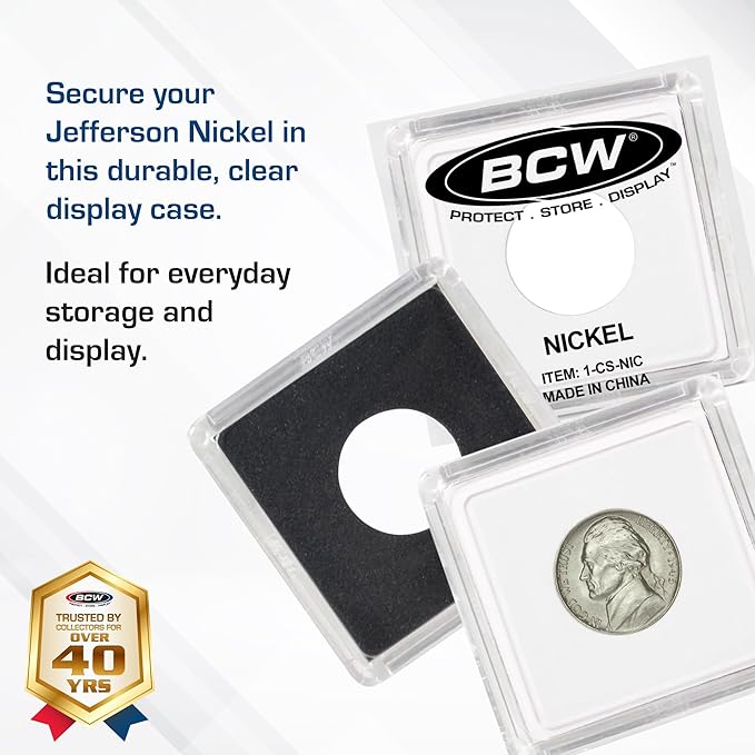 BCW 2x2 Coin Snap - 25 ct Nickel Holder | Archival Safe Coin Protector | Crystal Clear Polystyrene Coin Display Case | Ideal for US Jefferson Nickel | Coin Holders for Collectors