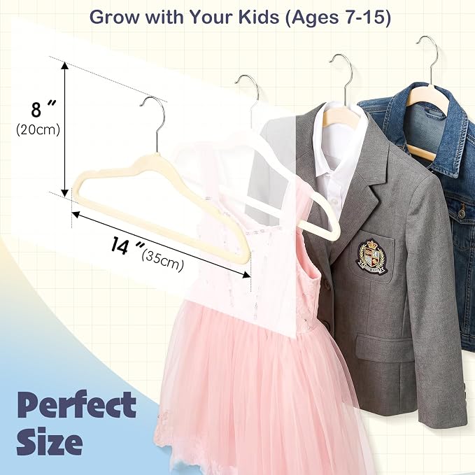 HOUSE DAY 14 Inch Kids Velvet Hangers 50 Pack, Durable Big Kid Hangers for Youth, Non Slip Kids Felt Hanger, Cute Childrens Hanger for Closet, Beige - Image 3