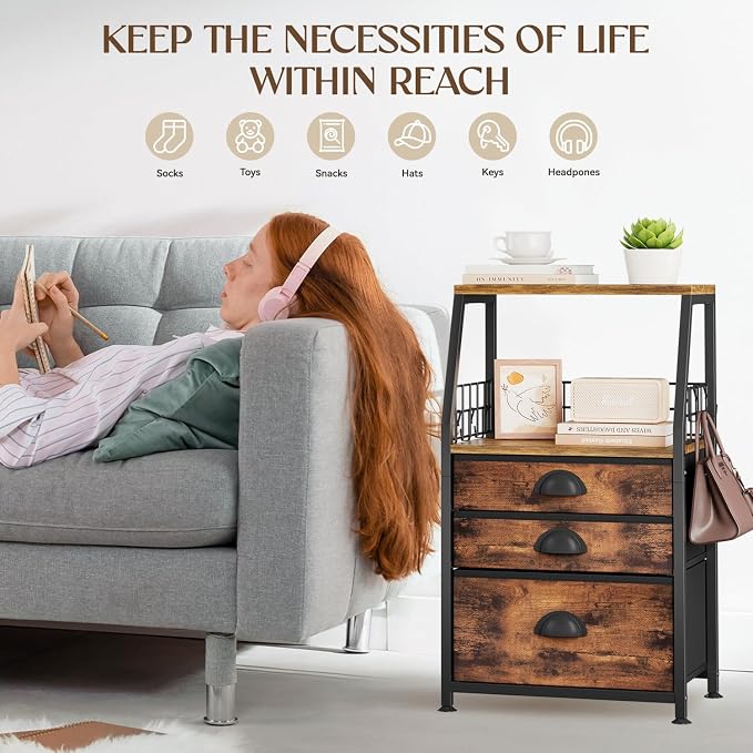 LASZOLA 3 Fabric Drawers Organizer Tower with 6 Hooks and 2 Shelves, Small End Side Table for Printer with Chest of Files Drawers, Ideal for Bedroom Living Room Office Dorm Under Desk, Rustic Bronze - Image 7