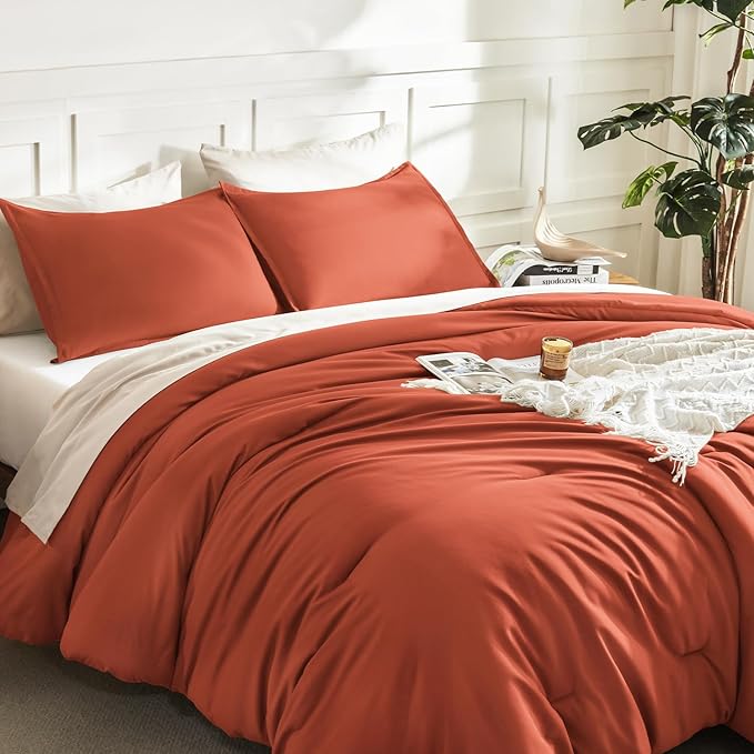 Litanika Oversized King Comforters Burnt Orange Super King Size, 3 Pieces Lightweight Solid Bedding Comforter Set, All Season Fluffy Bed Set (120x120In Comforter & 2 Pillowcases)