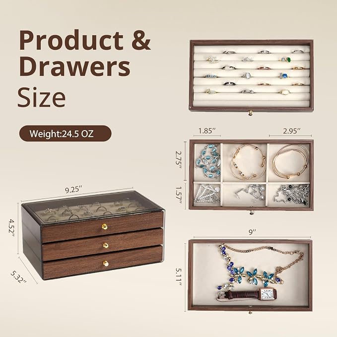 CLUQMEIK 3-layer Wooden Drawer Jewelry Organizers and Storage Box with Grey Acrylic Lid and Velvet Lining, Jewelry Box for Women and Girls to Store Rings Earrings Bracelets Necklaces - Image 4
