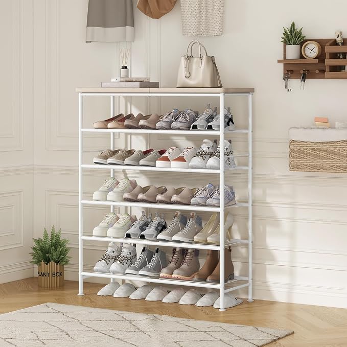SUOERNUO Shoe Rack Organizer 6 Tier for Closet Entryway Free Standing Metal Storage Shoe Shelf with MDF Top Board，White+Oak - Image 4