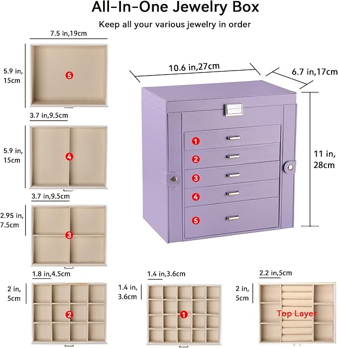 Frebeauty Large Jewelry Box,6-Tier PU Leather Jewelry Organizer,Multi-functional Storage Case with Mirror,Accessories Holder with 5 Drawers for Necklace Bracelets Watches（Purple） - Image 3