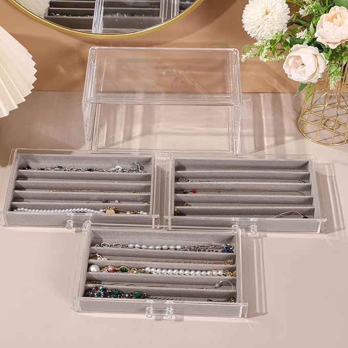 CLUQMEIK Necklace Organizer Box, Tray with Clear Lid, Dustproof Velvet Necklaces Holder Storage Display Case, Necklace Tray Drawer Insert for Pendant Suitable for Women and Girls (Grey) - Image 5
