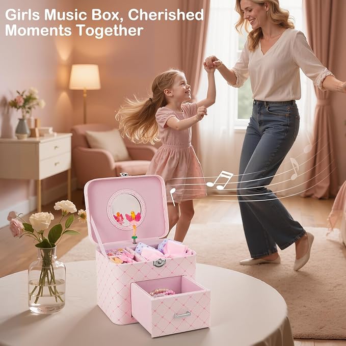 Basumee Musical Jewelry Box for Girls PU Leather Music Box with Drawer Large Kids Jewelry Organizer with Unicorn/Ballerina Jewelry Storage for Little Girls Ages 3–10, Birthday & Holiday Present - Image 7