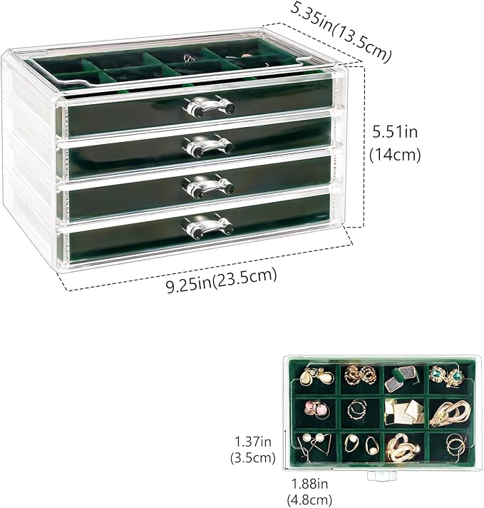 Lolalet Earring Holder Organizer Box Jewelry Storage with 4 Drawers, Clear Acrylic Stackable Earring Case with Adjustable Velvet Trays for Women on Dresser Vanity -Emerald, 4 Layers - Image 4