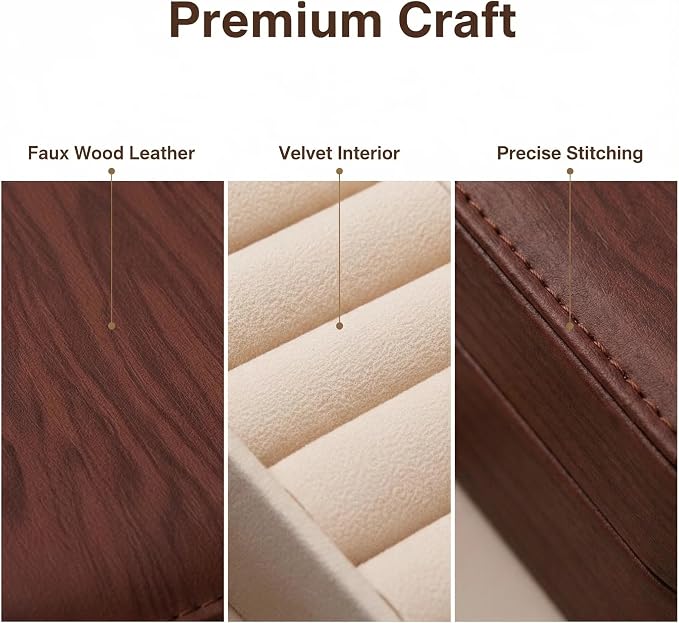 Jewelry Box Organizer for Women Girls Gift, 2 Layer Large Jewelry Storage Case, Vintage Wood PU Leather Display Jewellery Holder with Removable Tray for Necklace (Black walnut wood grain) - Image 3