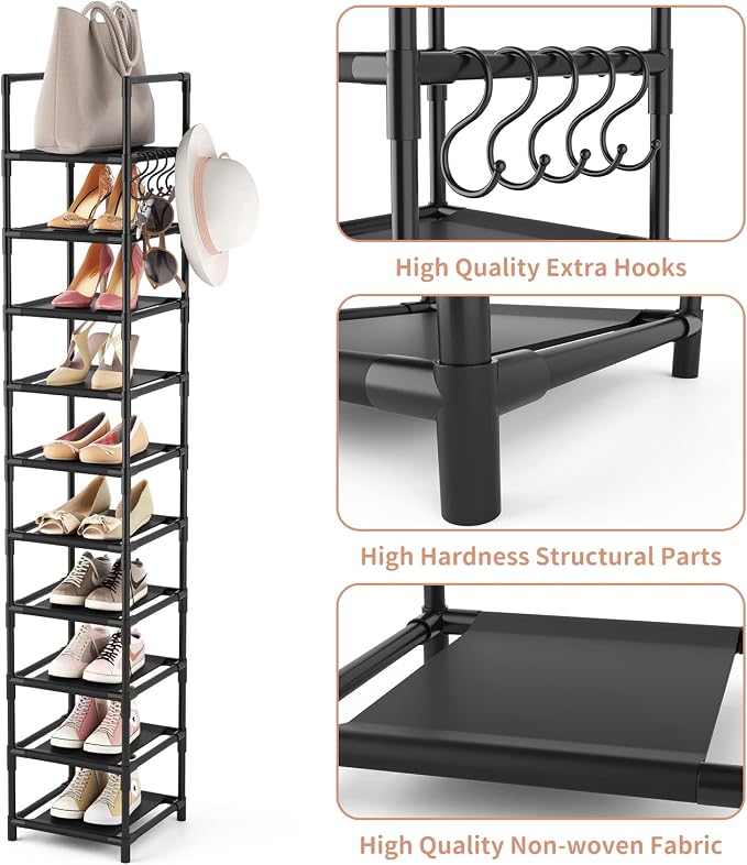 LANTEFUL Tall Narrow Shoe Rack for Entryway, 10-Tier Sturdy Metal Shoe Shelf Storage 10-15 Pairs of Shoes and Boots, Space Saving Corner Shoe Rack Organizer for Closet,Doorway,Garage,Living Room - Image 4