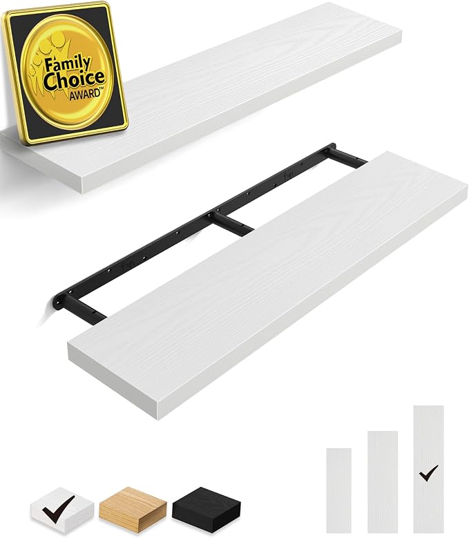 BAYKA Floating Shelves for Wall, 36 inches Long Wall Mounted Rustic Wood Shelves for Bathroom, Bedroom, Living Room, Kitchen, Office, Hanging Shelf for Books/Storage/Decor(White,Set of 2) by Bayka