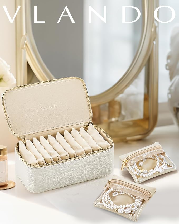 VLANDO Jewelry Travel Case,Gift for Women,Travel Jewelry Organizer with Clear Velvet Jewelry Bags Zipper Pouch for Women Girl Gift-12Pcs White - Image 6