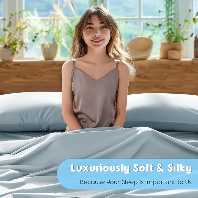 SONORO KATE 100% Egyptian Cotton Sheets Set - 1000 High Thread Count, Luxury 5-Star Hotel Sateen Bed Sheets, Soft, Breathable Long Staple Sheets, Fit up to 16" - 4 PC (Light Blue,King)