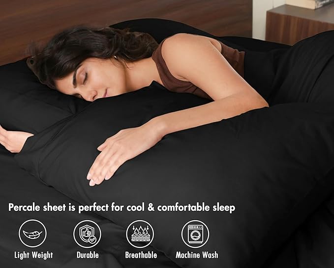 RUVANTI 100% Cotton Sheets – Split King Size Percale Bedding, Cooling & Breathable, Durable with a Crisp, Soft & Comfortable Feel, 16" Deep Pocket, 5-Piece Set, Jet Black
