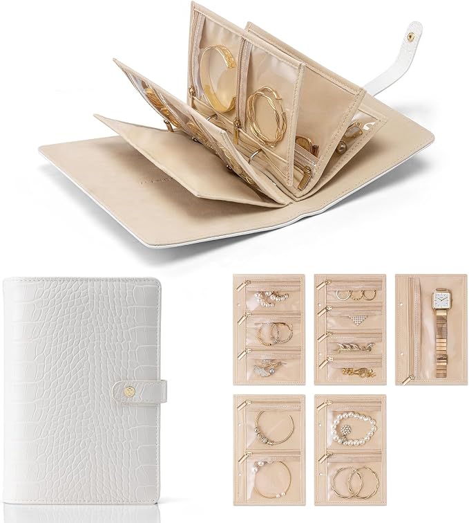 VLANDO Travel Jewelry Case,Jewelry Organizers and Storage Jewelry Book Ring Binder with Clear Zipper Velvet Jewelry Pouches Bags for Rings,Necklace,Earrings-White by VLANDO