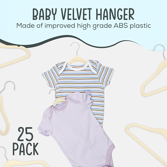 TechZoo 25 Premium Baby Velvet Hangers - 11.8 Inches Non-Slip & Ultra-Slim Baby Hangers for Space-Saving & Children Clothes - 360 Swivel Hook, Strong & Durable Infant & Toddler Clothes Hanger - Beige - Image 3
