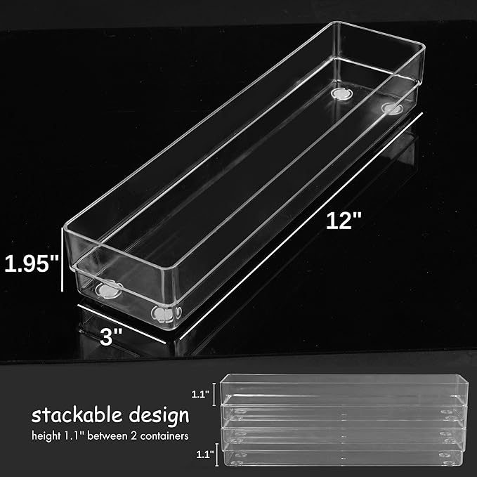 LotFancy Clear Drawer Organizers, 12” x 3” x 2”, Set of 3, Drawer Organizer Trays for Desk, Plastic Storage Bins for Bathroom, Makeup, Utensils, Stackable - Image 4