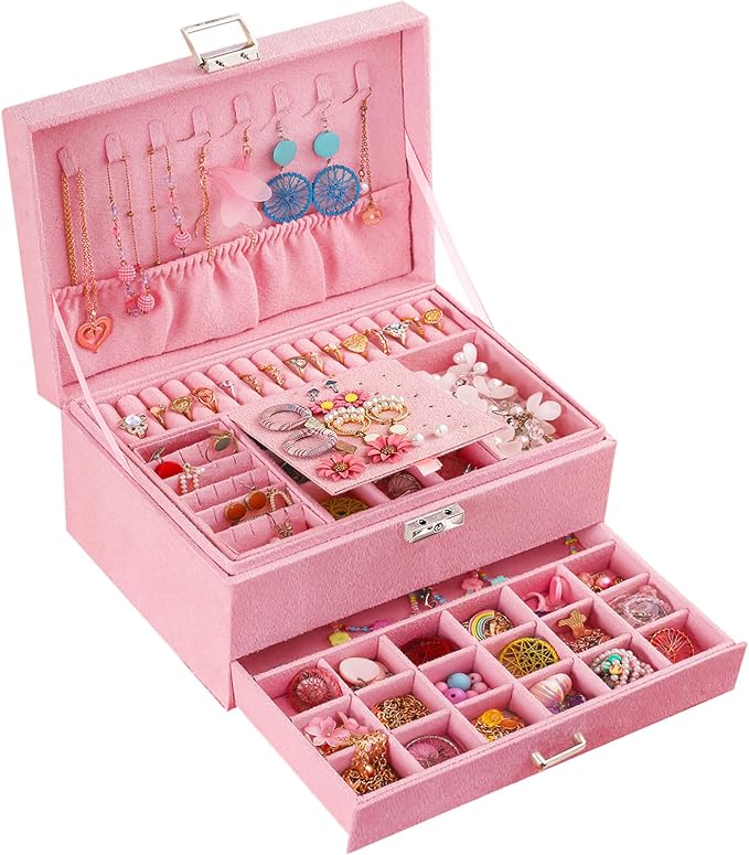 QBestry 3-Layer Jewelry Box for Girls & Teens with Lock and Key, Large Jewelry Organizer with 8 Necklace Hooks & 56 Earring Holes, Pink Velvet Jewelry Storage Box for Necklaces Earrings Rings Bracelet by QBestry