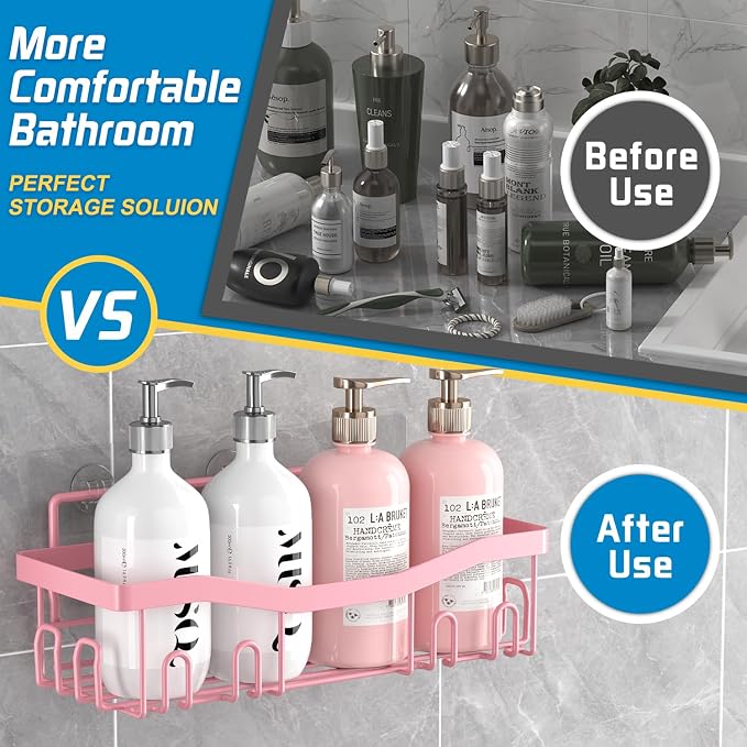 Youvip Adhesive Shower Caddy, No Drilling Bath Organizers 5 Pack, Rustproof Shelves with Soap Holder & Toothbrush Holder, Pink Bathroom Accessories Decor Set - Image 6