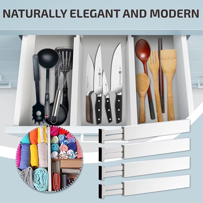 4 Pack Bamboo Drawer Dividers 2.6" High, Adjustable Length from 12 Inch to 17 Inch, Expandable Kitchen Drawer Organizer Separators for Clothes, Kitchen, Bedroom, Dresser, Office (White) - Image 5