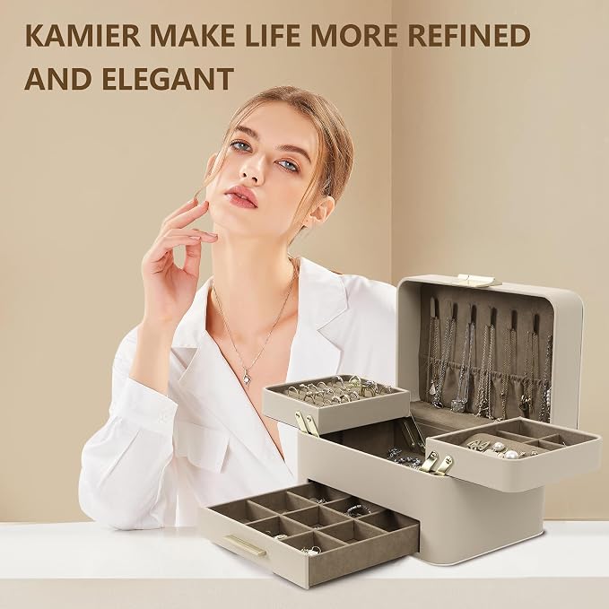 KAMIER Jewelry Box, 3 Layers Jewelry Organizer with Drawers, PU Leather Jewelry Storage Organizer for Earring, Ring, Necklace, Bracelets, Christmas Gift, Jewelry Boxes for Women Girls (Beige) - Image 5