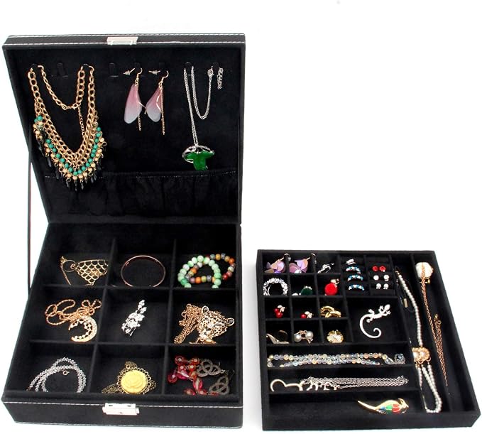 Two-Layer Jewelry Box Organizer Display Storage case with Lock (Black) - Image 3