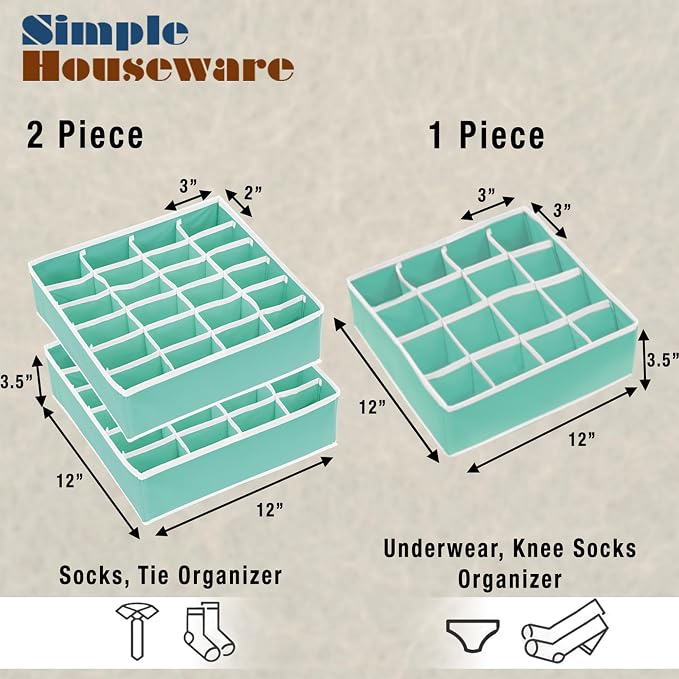 Simple Houseware Sock Drawer Organizer for Dresser/Closet/Bedroom, 3 Pack, Turquoise - Image 2