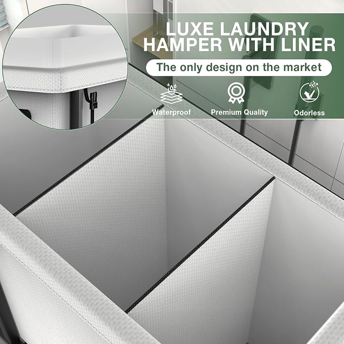 60 Gal(230L) High Grade Large Laundry Basket with Wheels, Rolling Laundry Hamper, Laundry Cart with Metal Frame and Removable Bag Design, Suitable for Laundry Room,Bedroom (White, 3 Section 230L) - Image 3