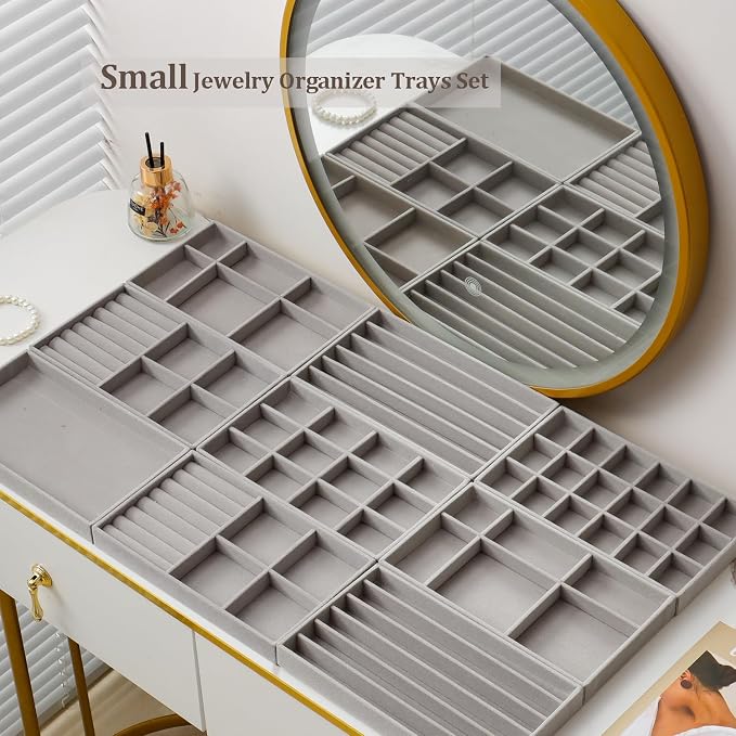 Stackable Jewelry Organizer Trays Set of 9, Small Velvet Jewelry Organizers Earring Necklace Ring Bracelet Display Case Storage for Drawer Dresser (Grey) - Image 6