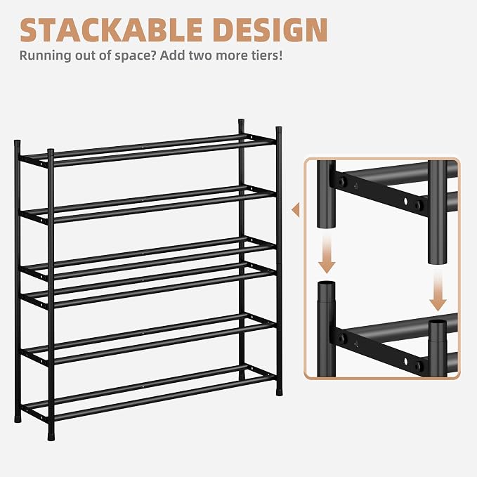 STORAGE MANIAC Long Expandable Shoe Rack, 18 Pairs Metal Wide Stackable Shoe Rack, Adjustable Shoes Shelf, Freestanding Shoes Organizer for Closet, Entryway, Hallway, Garage, Front Door, 3 Tiers - Image 3