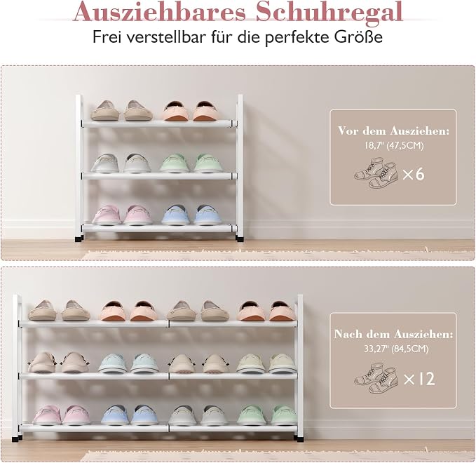 Bumusty 3-Tier Expandable Shoe Rack for Closet, 18“-33” Adjustable Shoe Rack for Small Space, Small Shoe Organizer for Front Door, Sturdy Metal, White - Image 5