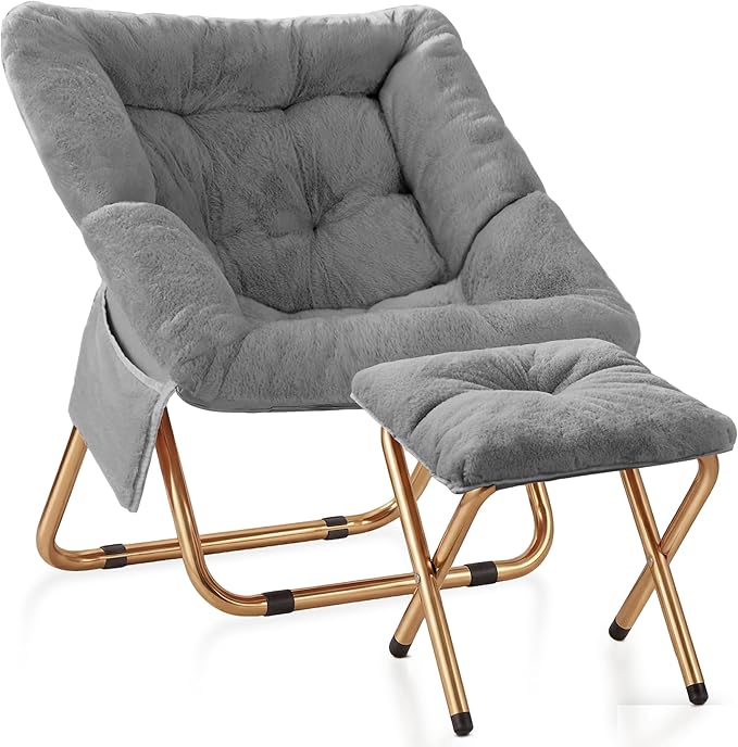 Kasunpul Comfy Saucer Chair, Foldable Living Room Chairs, Soft Faux Fur Lounge Chair for Bedroom, Reading Chairs for Adults, Teens, X-Large (Grey)