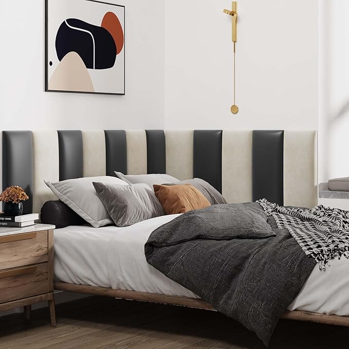 IFNOW Wall Mounted Upholstered Headboard Full, 3D Peel and Stick Soundproof Panels, Reusable and Removable Padded Leather Bed Headboard, 6 Panels 9.84" x 23.62", Black