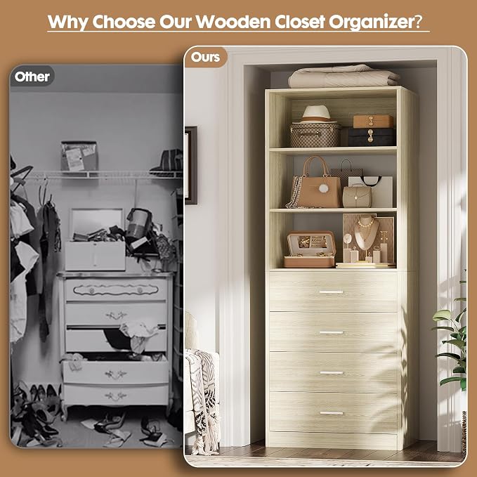 Aheaplus Wood Closet Organizer System with 4 Drawers, Modular Walk-in Closet Storage Unit, Small Closets Wardrobe Rack, Tall Storage Cabinet Unit, White Oak - Image 7