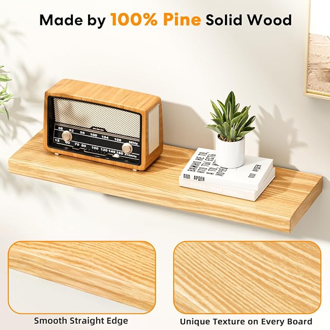 Floating Shelves for Wall Rustic Farmhouse 24 Inch Floating Shelf Wooden Shelves for Wall Pine Wood Shelf with Unique Natural Grain for Living Room Bedroom Kitchen (Raw Wood) - Image 5