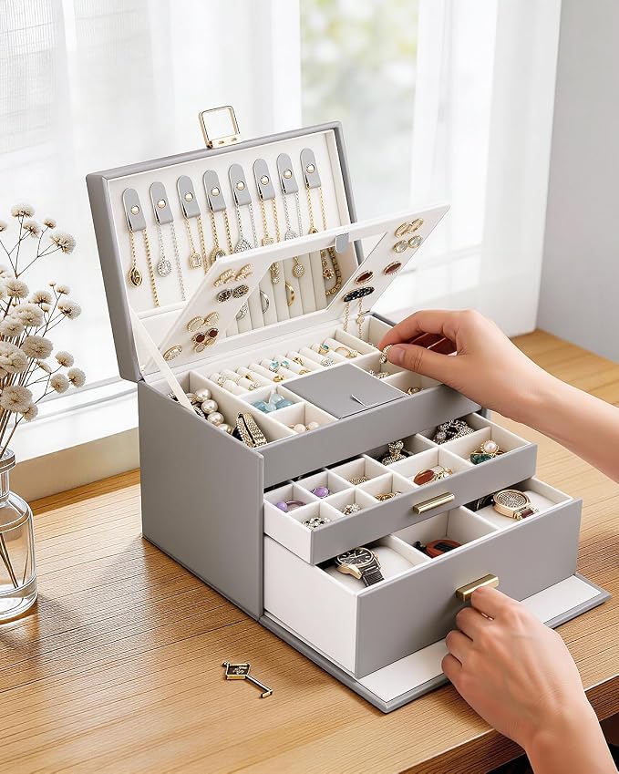 DesignSter Jewelry Box for Women Girl, 3-layer Lockable Jewelry Organizer with Mirror, Large Leather Jewelry Case for Earring Necklace Ring Bracelet Watch - Image 7