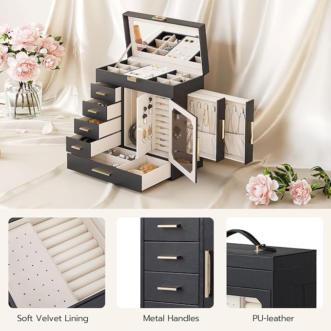 HOOBRO Jewelry Box with Mirror, Jewelry Organizer Box with Capacious Storage Space, Jewelry Holder Organizer, Hand-Held Jewelry Case, Glass Cover, Modern Style, Black and Light Gold BK06JB04G1 - Image 6