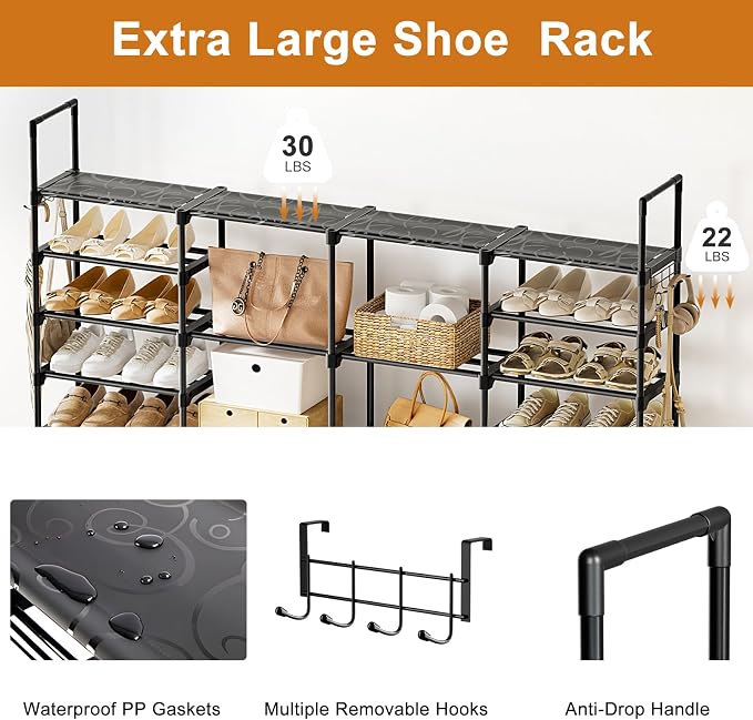 WOWLIVE 4 Row 10 Tiers Extra Large Shoe Rack Big Tall Metal Shoe Shelf, Heavy Duty Organizer for Closet Entryway, Boot Rack Storage Stackable Stand for Garage Black - Image 6