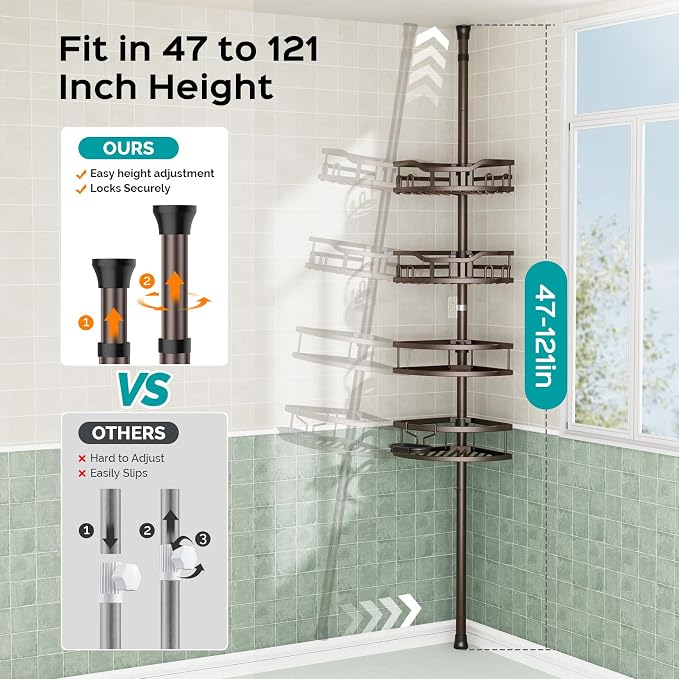 HAMITOR Corner Shower Caddy Tension Pole: Rustproof Stable 4-Tier Bathroom Organizer Shelves for Bathtub Shampoo Storage - 47-121 Inch Quick Install Adjustable Standing Rack with Soap Rack - Bronze - Image 4