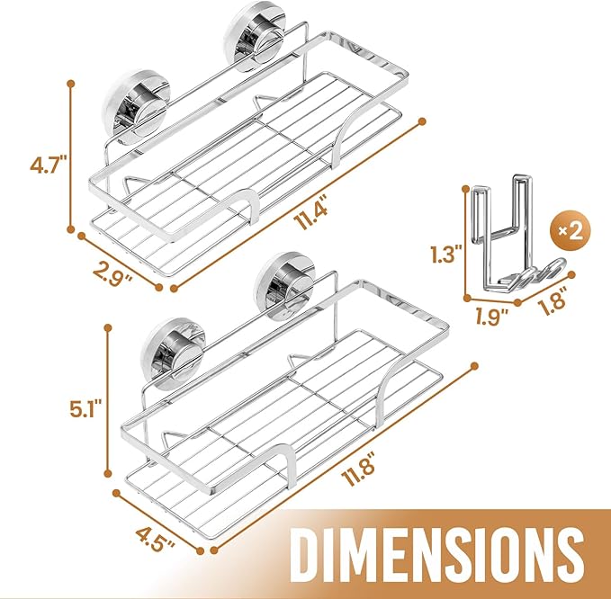 LEVERLOC Shower Caddy Suction Cup 2 Pack, Shower Shelf for Inside, Large Capacity Bathroom Organizers and Storage, Rustproof & Waterproof Metal Bath Basket, No-Drilling, Heavy Duty, Silver - Image 8