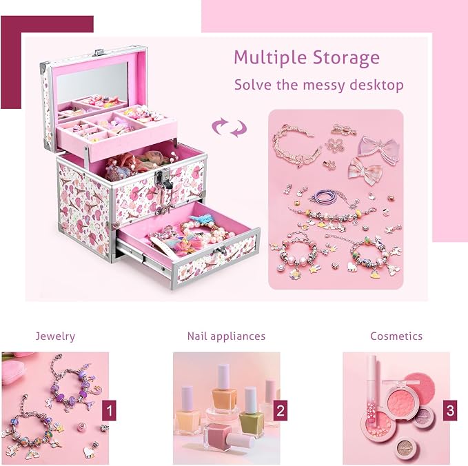 Hododou Girls Jewelry Box Organizer with Drawer & Mirror, Shiny Pink Style Lockable Storage Case for Kid or Little Girls Jewelry and Hair Accessories Pink Tower - Image 6