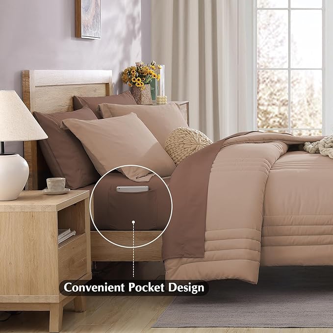 Monbix King Size Comforter Set - 7 Pieces Bed in a Bag King, Rust Pink Bedding Sets with Comforter, All Seasons Comforter Bed Set with Sheets, Pillowcases & Shams
