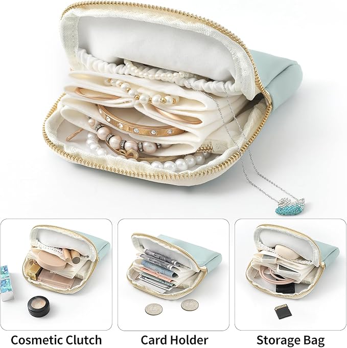 Genuine Leather Travel Jewelry Organizer Case Pouch Bags with Zipper, Small Mini Portable Jewelry Storage Bag for Ring Earrings Necklace Bracelet Travel Essentials Gift for Women（Dark Green） - Image 4